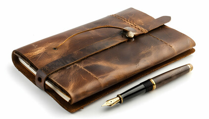 A leather journal with an elegant fountain pen, isolated on a white background