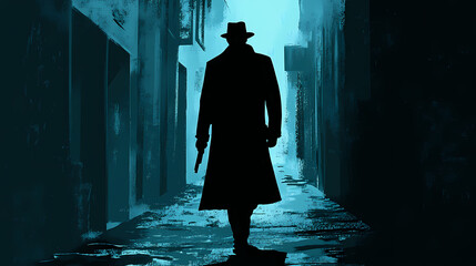 Silhouetted detective in trench coat walking down dark alley, film noir, mystery novel cover. Noir. Illustration