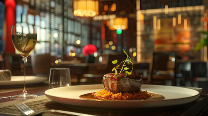 Fototapeta premium Tournedos Rossini: miso-glazed beef tenderloin, seared foie gras, ginger-scented jasmine rice, and soy reduction.