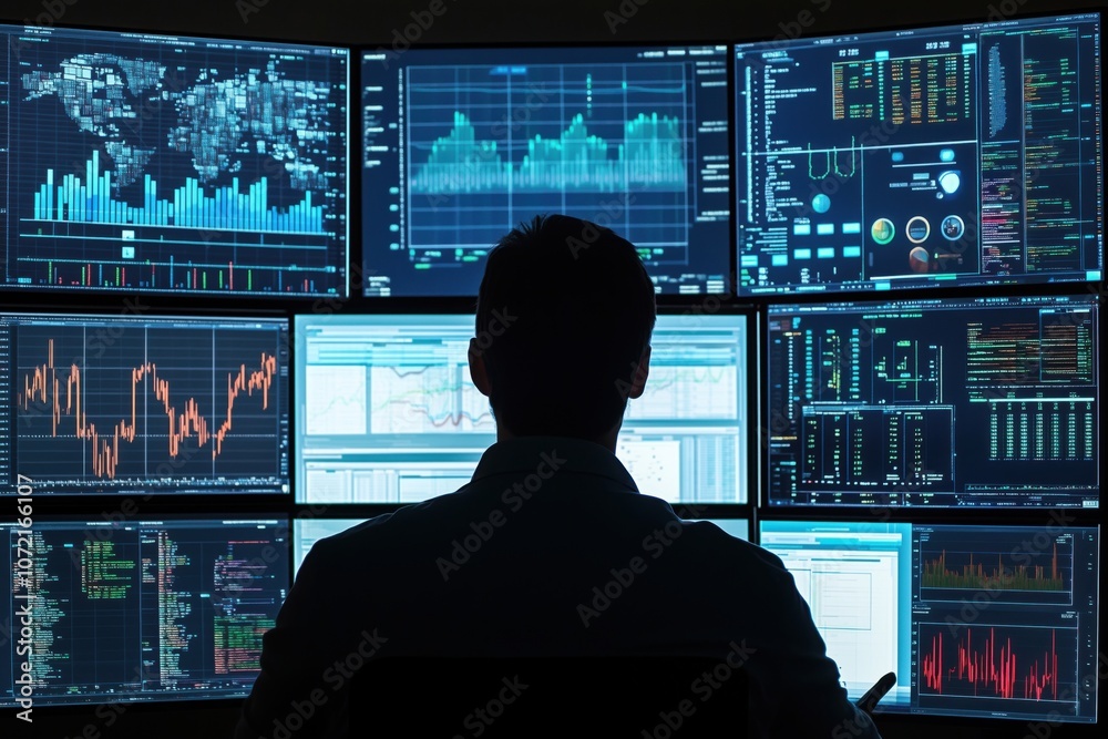 Poster data analysis dashboard with multiple screens displaying analytics and graphs
