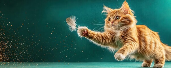 Playful ginger cat chasing a feather on a solid green background, lively and energetic