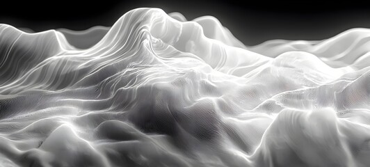 Obraz premium An abstract, ethereal landscape composed of flowing white waves and gentle curves, creating a sense of depth and movement against a dark background.