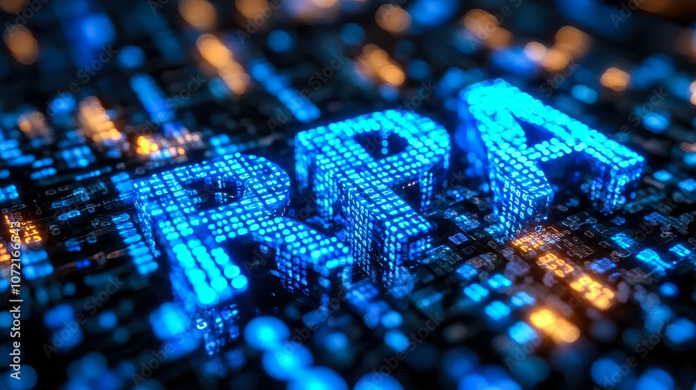 Poster digital blue matrix binary code forming rpa for regulatory process automation concept