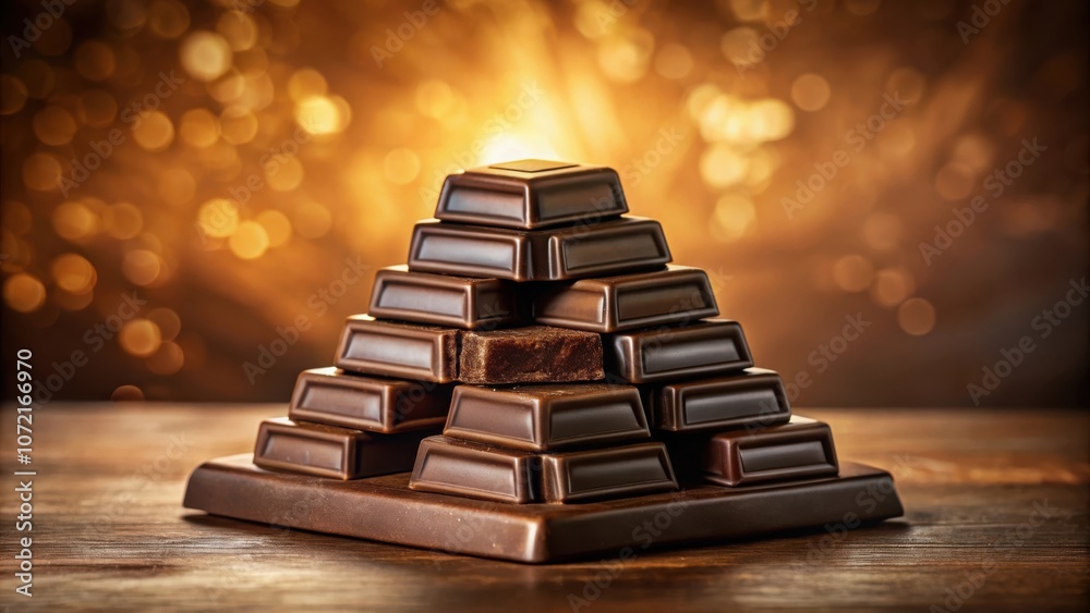 Aufkleber a pyramid of chocolate bars stacked on a wooden surface with a blurry background of warm lighting.