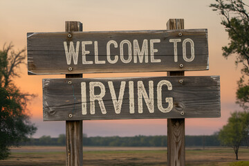 Beautiful wooden "Welcome to Irving" sign, perfect for US city entrance road signs, travel signage, urban landmarks, and city-themed promotional projects.