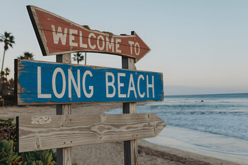 Stylish wooden "Welcome to Long Beach" sign, perfect for US city entrance road signs, travel signage, urban landmarks, and city-themed branding projects.