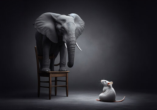 Ein Elefant steht auf einem Stuhl, er hat Angst vor der Maus