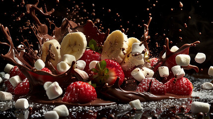 Splash of Chocolate Fondue with Strawberries, Bananas, and Marshmallows