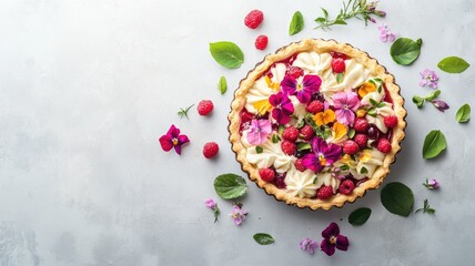 Fototapeta premium Floral fruit tart with raspberries and edible flowers on light background