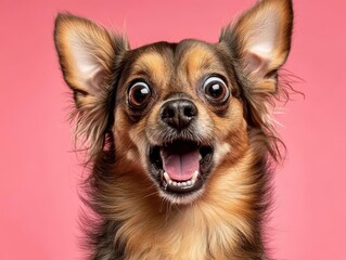 Small dog with a funny shocked look, mouth open and eyes squinted, on a pink backdrop, sweet and cheerful