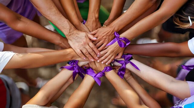 A group of hands coming together, symbolizing unity and support with purple ribbons.