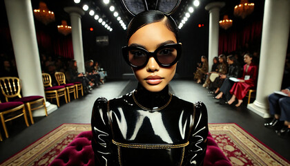 Obraz premium A fashionista with black sunglasses and a black bodysuit, fashion runway background 