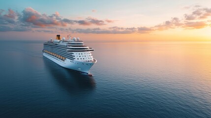 Cruise ship gliding over calm seas at sunset, vibrant sky and water reflections, perfect for travel inspiration and adventure themes