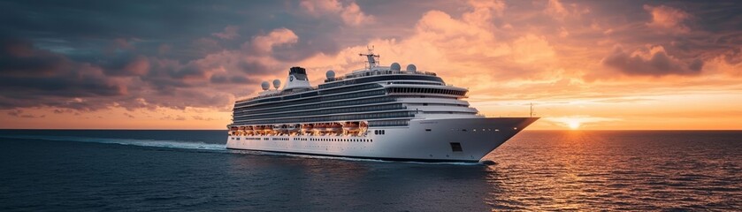 Cruise vessel illuminated by stunning sunset, vibrant clouds in background, soft waves, majestic ocean view, travel inspiration