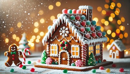 A gingerbread house decorated for Christmas
