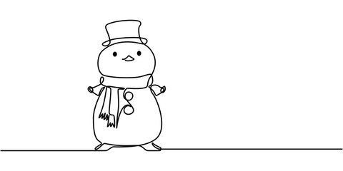 A cute smiley snowman drawn in continuous line art with a white background, Cute snowman on white background. Vector illustration, continuous one line drawing, Christmas illustration of snowman.