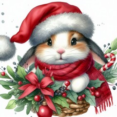 Watercolor painting of a bunny getting ready for christmas, wearing a santa hat and a red scarf
