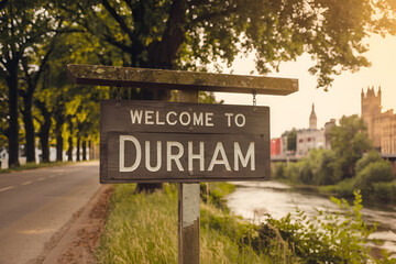 Elegant wooden "Welcome to Durham" sign, perfect for US city entrance road signs, travel signage, urban landmarks, and city-themed promotional projects.