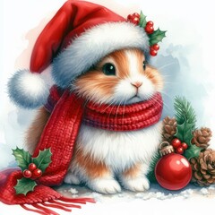 Watercolor painting of a bunny getting ready for christmas, wearing a santa hat and a red scarf
