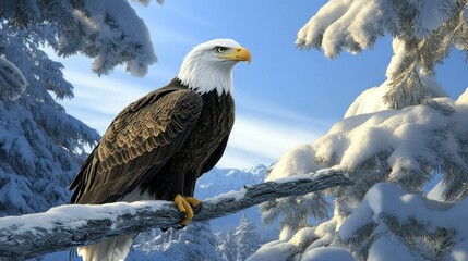 Obraz premium A bald eagle is perched on a tree branch in the snow