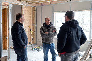 Contractor consulting with homeowners about renovation progress in a partially finished room.