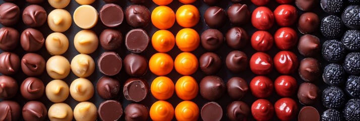 Assorted gourmet chocolates displayed for world chocolate day celebration. Top view. Horizontal banner. Copy space. Confectionery factory, sweet life