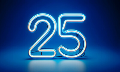 Die Zahl 25 in blauer Neonschrift auf blauem Hintergrund, copy space