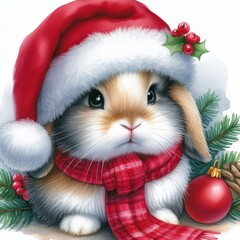 Watercolor painting of a bunny getting ready for christmas, wearing a santa hat and a red scarf

