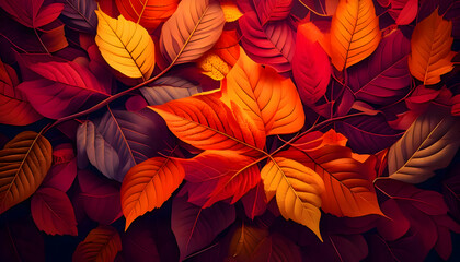 Abstract Surreal Autumn leaves in vibrant shades of red, orange and elegant textures.