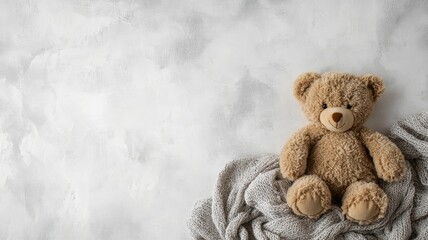 Cute, brown bear sits on gray knitted blanket against textured white wall