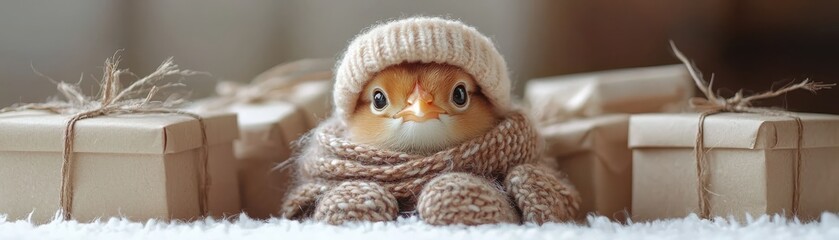 Obraz premium Tiny chick wears festive scarf and mittens surrounded by holiday gifts and cheerful decorations