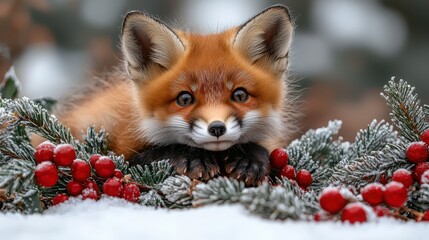 Fototapeta premium Tiny fox cub nestles comfortably in a festive garland of holly and berries for winter joy