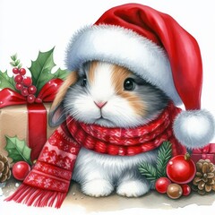 Watercolor painting of a bunny getting ready for christmas, wearing a santa hat and a red scarf
