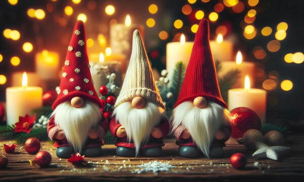 Niedliche und charmante Gnome in festlicher Kleidung, umgeben von Weihnachtsdekorationen