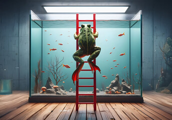 Ein Frosch klettert auf einer Leiter an einem Glas, Wettervorhersage, copy space, Wetterfrosch