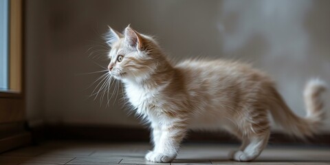 A ginger kitten is walking on the wooden floor