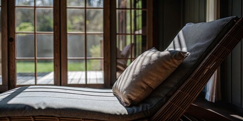 Comfortable lounge chair beside large windows in a serene living room.