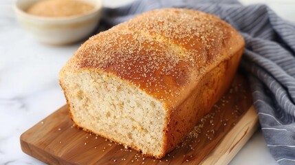 Brown sugar vegan powder. A freshly baked loaf of bread, golden-brown with a crisp crust, resting on a wooden cutting board alongside a bowl of sugar.