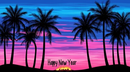 Obraz premium Celebrate the New Year with Stunning Sunset Views and Palm Trees in a Tropical Paradise