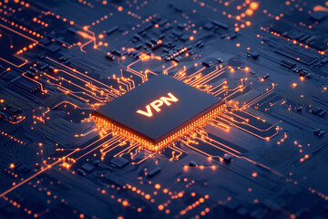 A close-up view of a glowing VPN chip on a dark circuit board.
