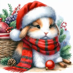 Watercolor painting of a bunny getting ready for christmas, wearing a santa hat and a red scarf
