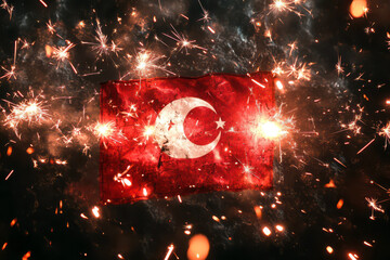 Celebrating Tunisia independence day with sparkling flags and fireworks display. Flag of Tunisia with sparklers. Holiday background