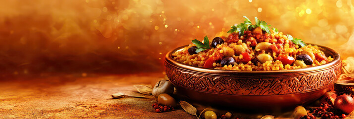 Traditional Tunisian dish celebrating independence day with vibrant spices and delicious couscous. Independence day of Tunisia. Horizontal banner. Copy space. Holiday food on a table. Close-up