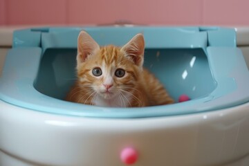 A ginger kitten sits in a blue plastic sink