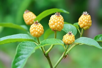 Cluster of yellow berries on green leaves, showcasing nature's vibrant colors.
