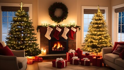A beautifully decorated holiday space with a Christmas tree, gifts, a wreath above the fireplace, and a snowy view through the window
