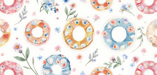 Watercolor lifebuoys with floral accents in a vibrant artistic design