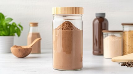 Brown sugar vegan powder. A glass jar filled with brown powder sits on a countertop, surrounded by other jars and a wooden spoon, suggesting a kitchen setting rich in ingredients.