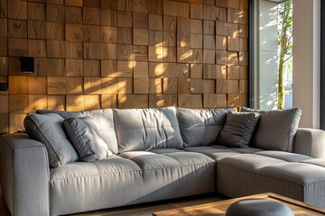 Sleek and Stylish Gray corner sofa near beautiful wall with wooden grain cut wallpaper. Interior design of modern minimalist living room