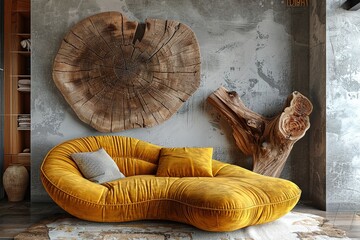 Sleek and Stylish Yellow velvet sofa near stucco wall with wooden abstract sculpture. Rustic interior design of modern living room